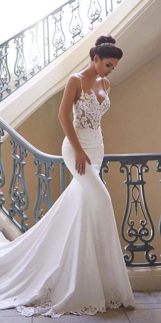Charming Appliques Lace Mermaid Wedding Dress With Straps, Sexy Sleeveless Prom Gown