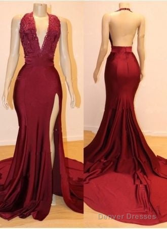 Charming Backless Appliques Burgundy Mermaid Split Slit Evening Dress, Sexy Burgundy Prom Dresses Main image