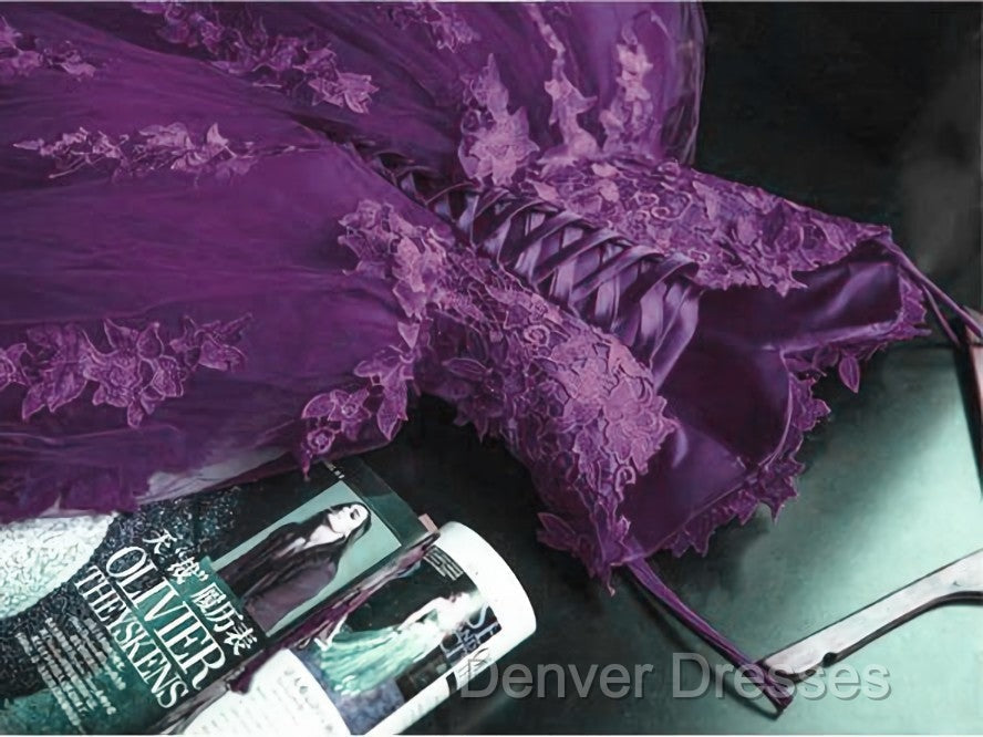 Charming Ball Gown Purple Tulle Sweetheart Lace Applique Formal Dress, Purple Sweet 16 Dress