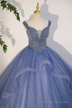 Charming Beaded Tulle Ball Gown Sweet 16 Gown, Blue Long Formal Dresses
