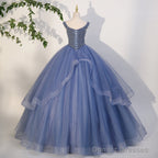 Charming Beaded Tulle Ball Gown Sweet 16 Gown, Blue Long Formal Dresses