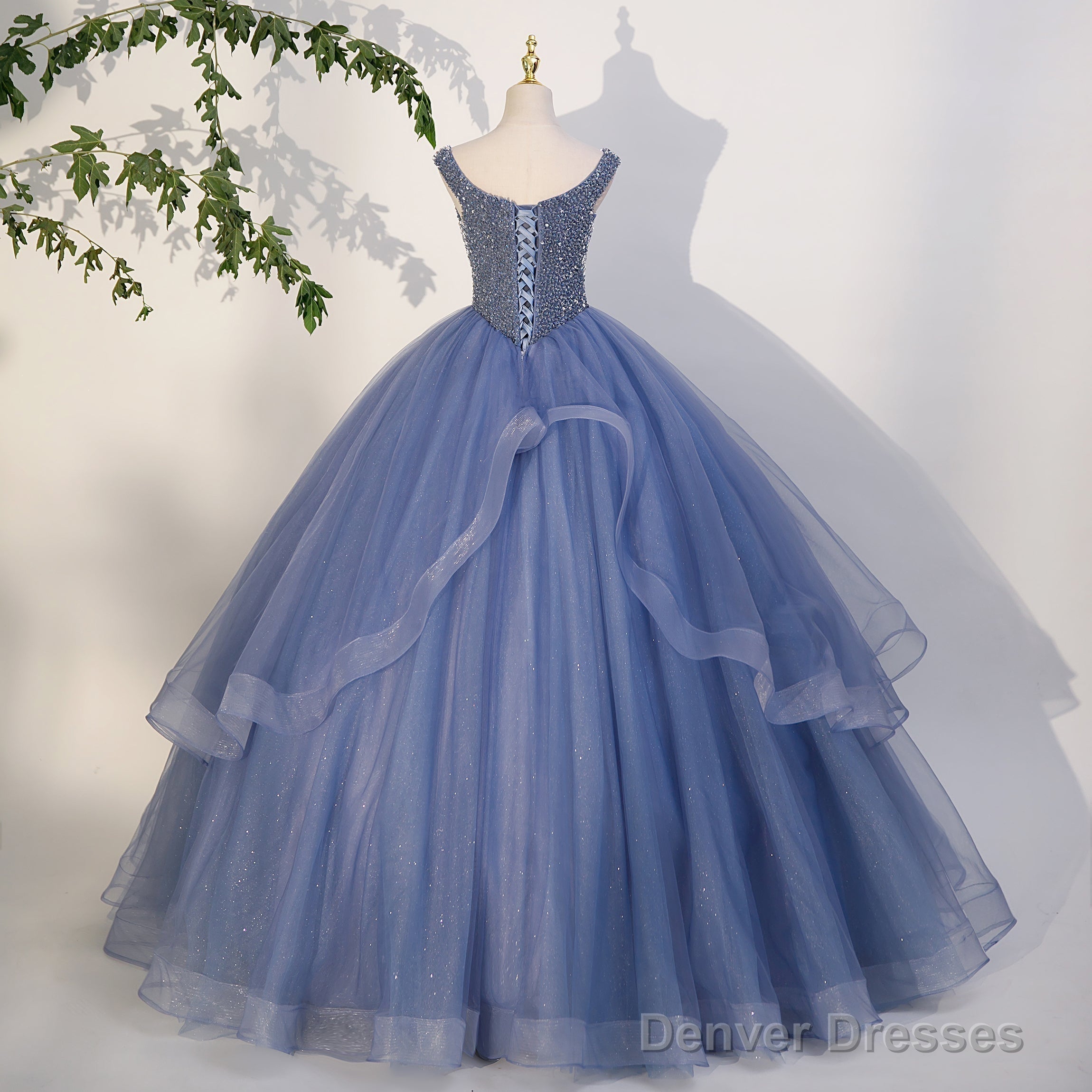 Charming Beaded Tulle Ball Gown Sweet 16 Gown, Blue Long Formal Dresses