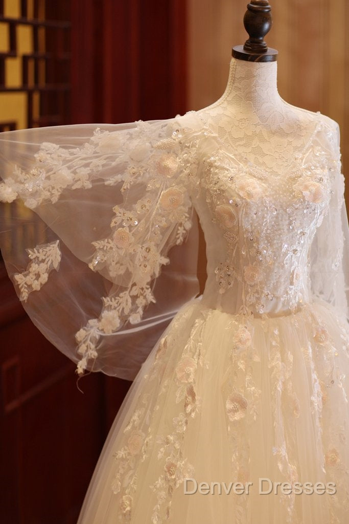 Charming Beautiful Ivory Tulle With Flowers Long Wedding Party Dress, Tulle Simple Wedding Dress Prom Dress Party Dress