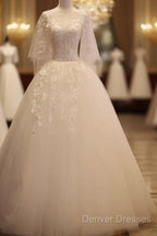 Charming Beautiful Ivory Tulle With Flowers Long Wedding Party Dress, Tulle Simple Wedding Dress Prom Dress Party Dress