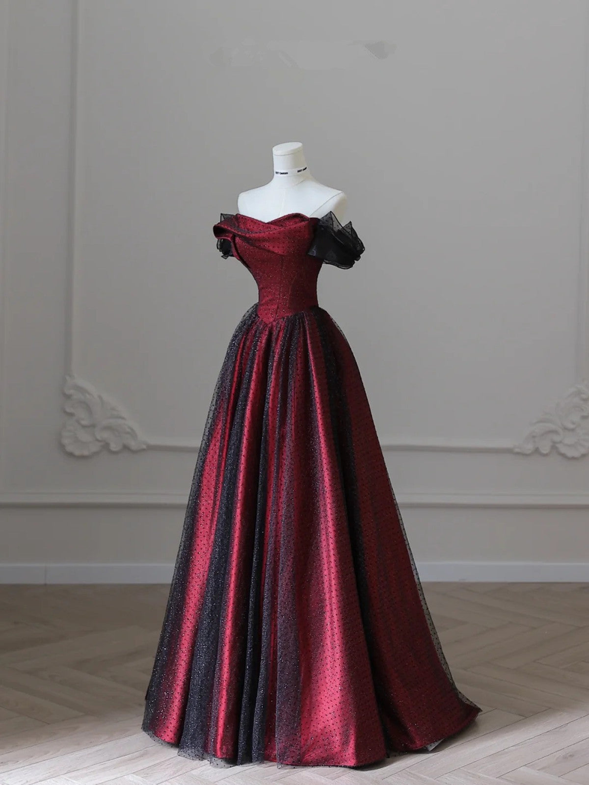 Charming Black And Red Off Shoulder A-Line Prom Dress, Long Party Dress