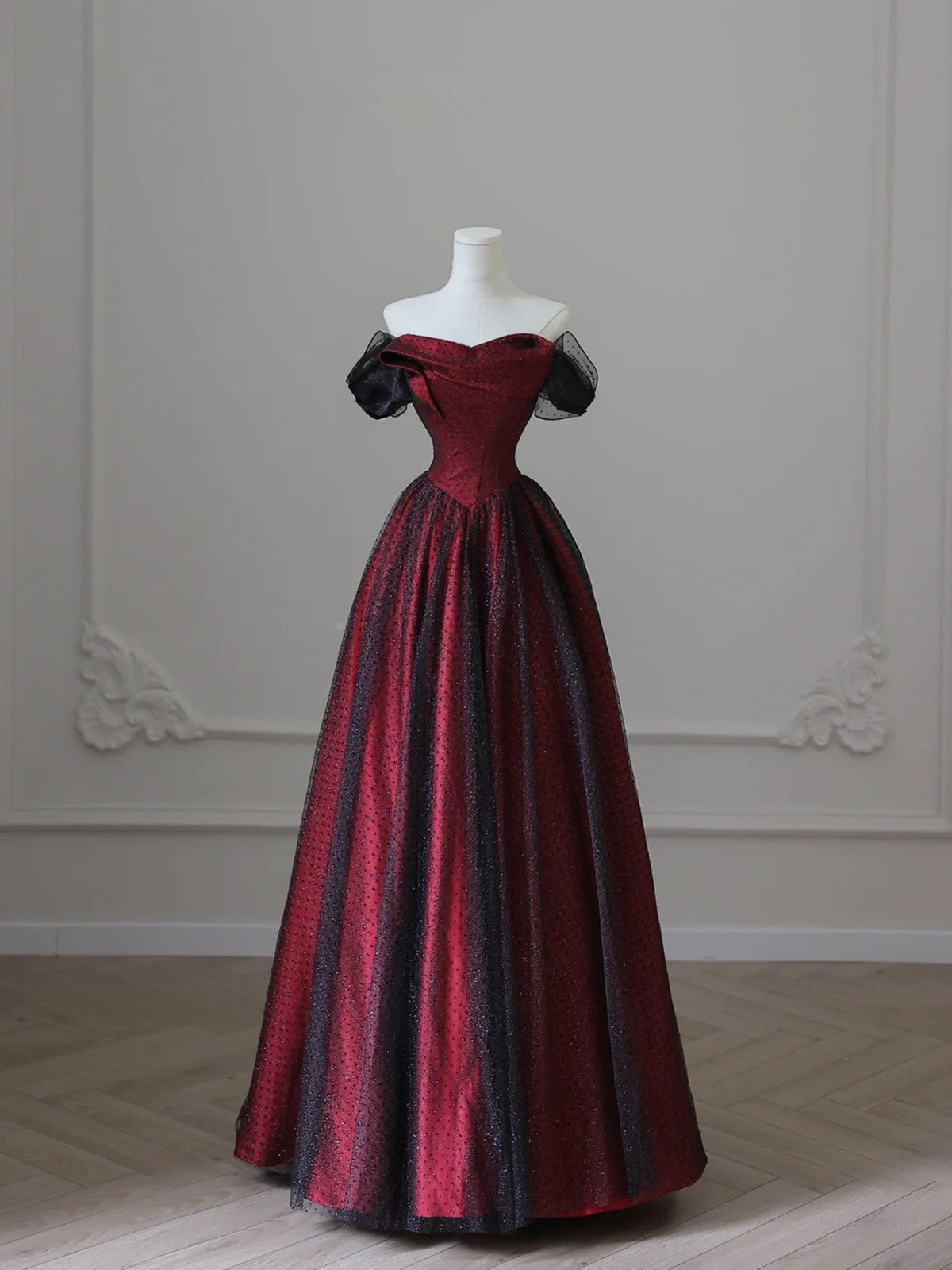 Charming Black And Red Off Shoulder A-Line Prom Dress, Long Party Dress