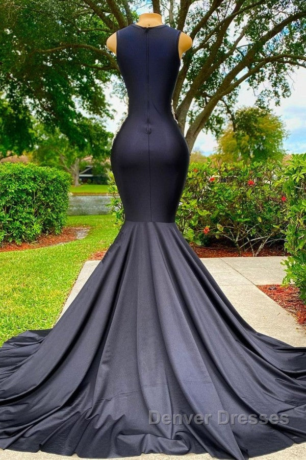 Charming Black Long Mermadi Jewel Satin Tulle Lace Appliques Prom Dress Secondary image