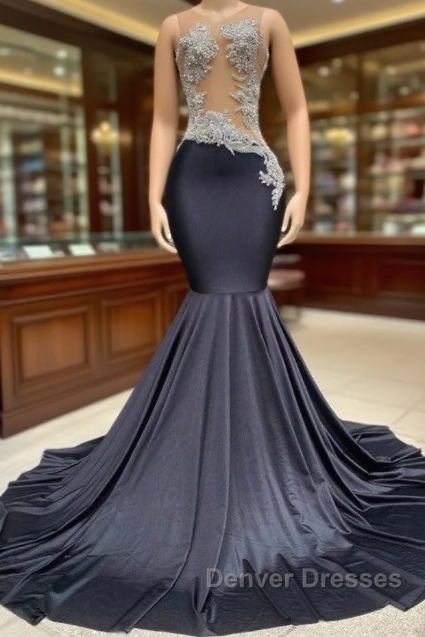 Charming Black Long Mermadi Jewel Satin Tulle Lace Appliques Prom Dress Main image