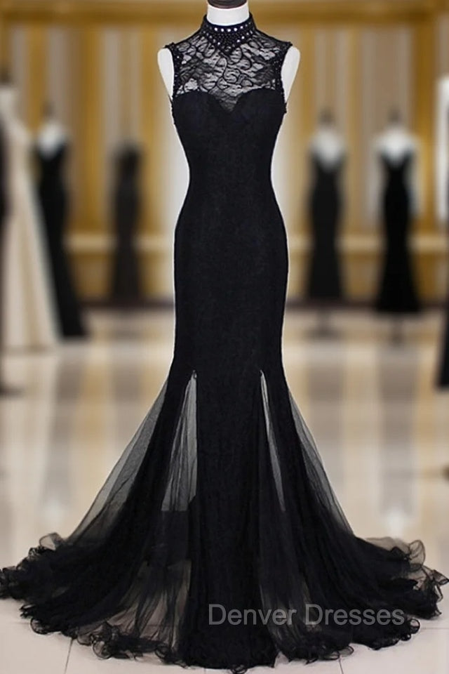 Charming Black Mermaid Backless Long Evening Dress, High Neckline Prom Dress Main image