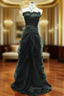 Charming Black Satin and Tulle Straps Beaded Long Party Dress, A-line Black Prom Dress