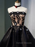 Charming Black Satin with Lace Applique Homecoming Dress, Knee Length Prom Dress