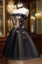 Charming Black Satin with Lace Applique Homecoming Dress, Knee Length Prom Dress