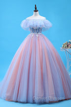 Charming Blue and Pink Tulle Off Shoulder Sweet 16 Dress with Lace, Ball Gown Formal Dress