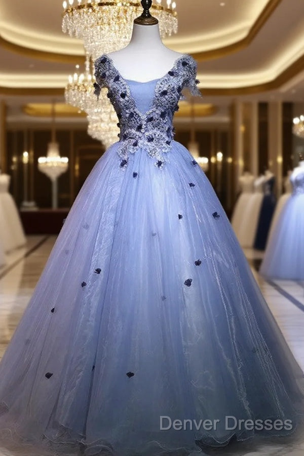 Charming Blue Ball Gown Lace Long Formal Dress, Blue Tulle Sweet 16 Dress With Flowers Main image