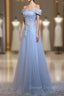 Charming Blue Elegant Tulle Party Dress with Lace Applique, Long Prom Dress