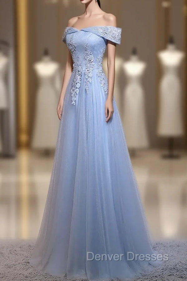 Charming Blue Elegant Tulle Party Dress with Lace Applique, Long Prom Dress