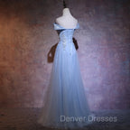 Charming Blue Elegant Tulle Party Dress with Lace Applique, Long Prom Dress