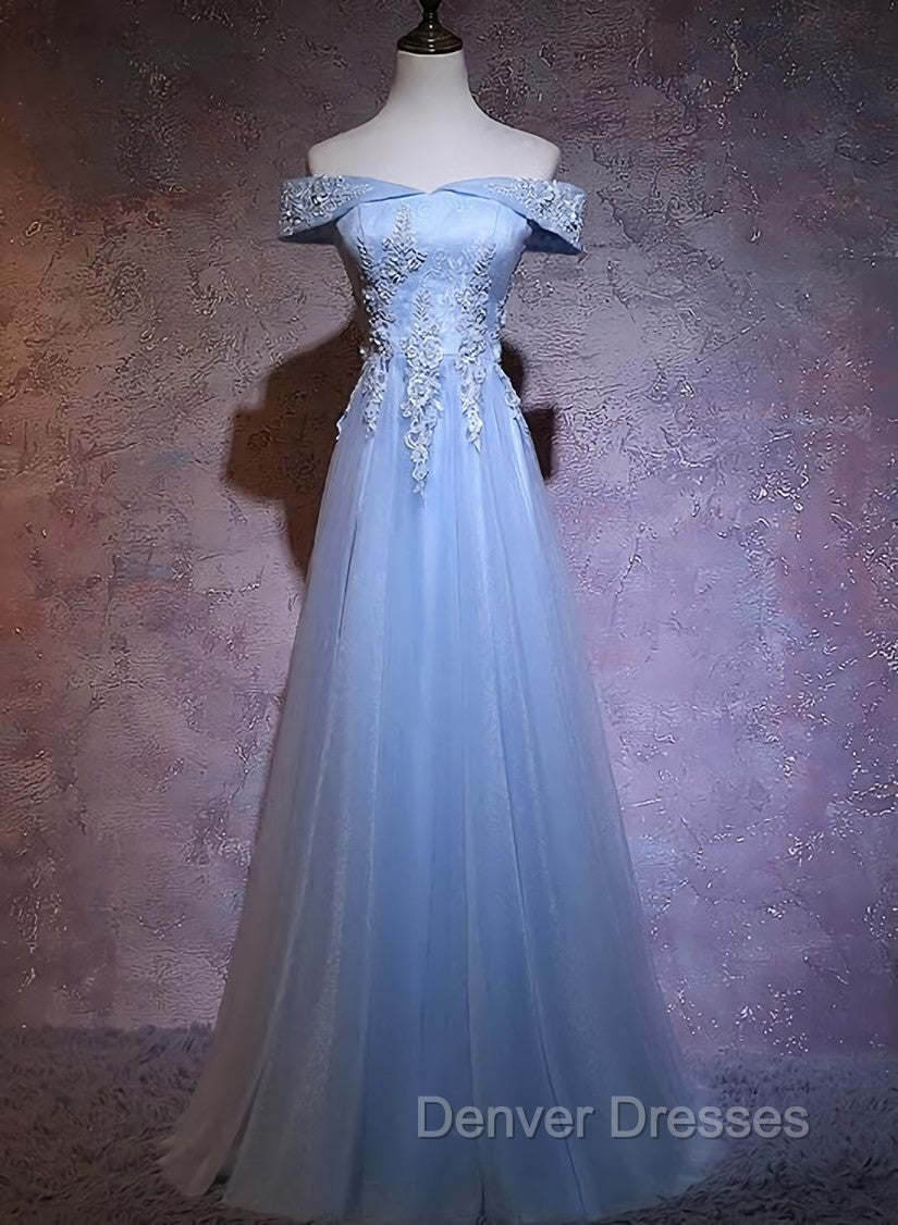 Charming Blue Elegant Tulle Party Dress with Lace Applique, Long Prom Dress Main image