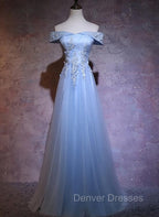 Charming Blue Elegant Tulle Party Dress with Lace Applique, Long Prom Dress