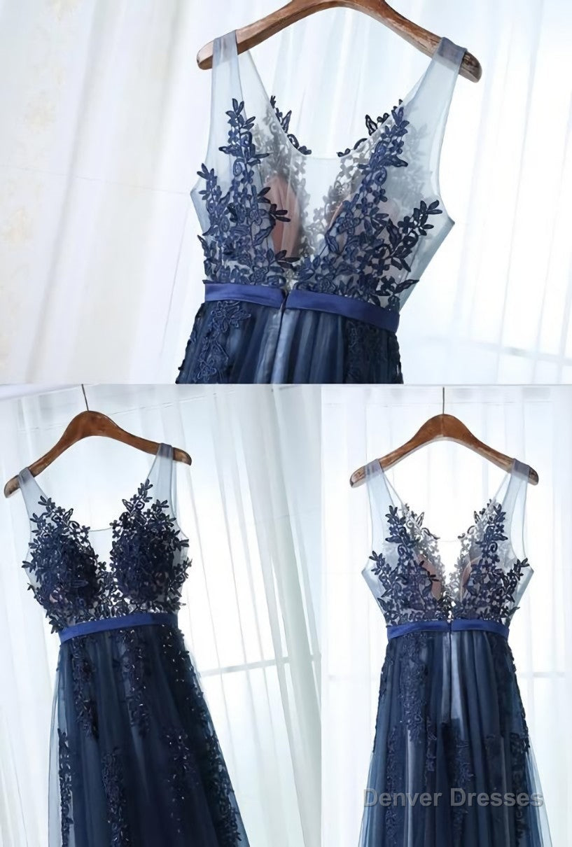 Charming Blue Lace Applique Prom Dress, A-line Blue Bridesmaid Dress Secondary image