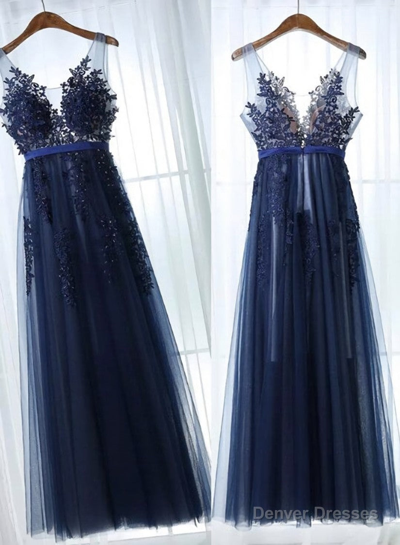 Charming Blue Lace Applique Prom Dress, A-line Blue Bridesmaid Dress Main image