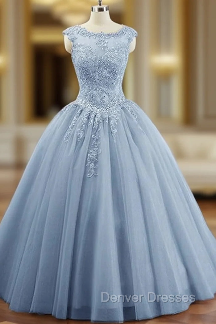 Charming Blue Tulle Long Ball Gown Sweet 16 Dress with Lace, Formal Gown
