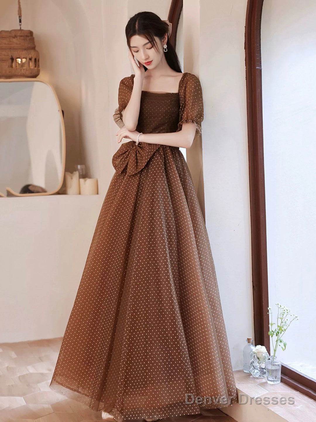 Charming Brown Tulle Floor Length Prom Dress, A-Line Short Sleeve Evening Party Dress