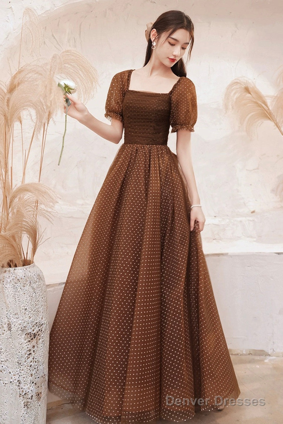 Charming Brown Tulle Floor Length Prom Dress, A-Line Short Sleeve Evening Party Dress Main image