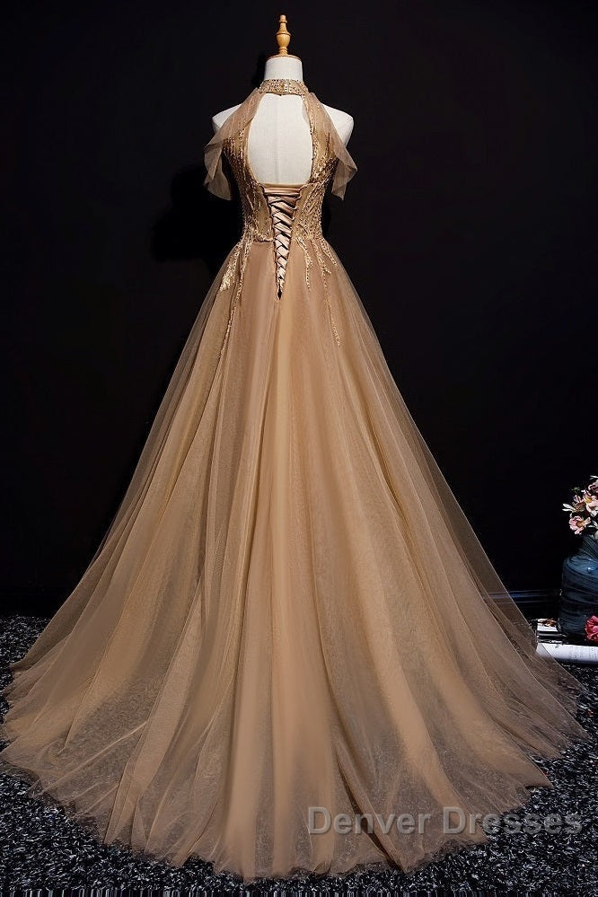 Charming Champagne Tulle Halter Long Party Gown, Prom Dress Secondary image