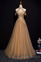 Charming Champagne Tulle Halter Long Party Gown, Prom Dress