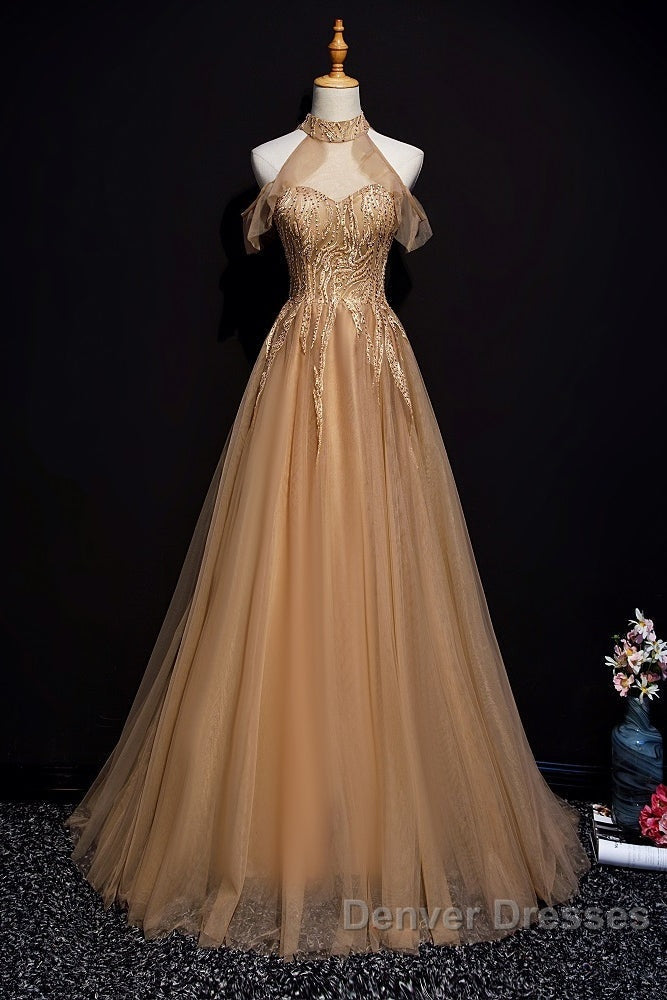 Charming Champagne Tulle Halter Long Party Gown, Prom Dress