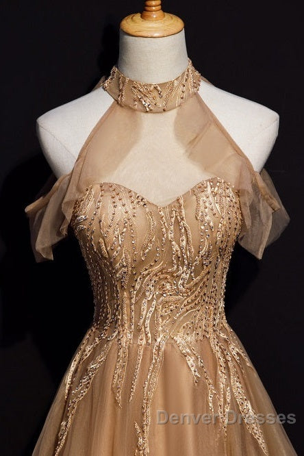 Charming Champagne Tulle Halter Long Party Gown, Prom Dress