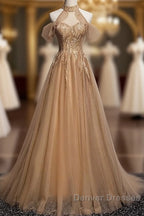 Charming Champagne Tulle Halter Long Party Gown, Prom Dress