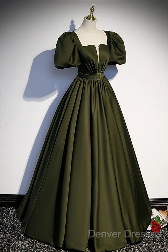 Charming Dark Green Puffy Sleeves Long Evening Gown, Satin Floor Length Prom Dress Secondary image
