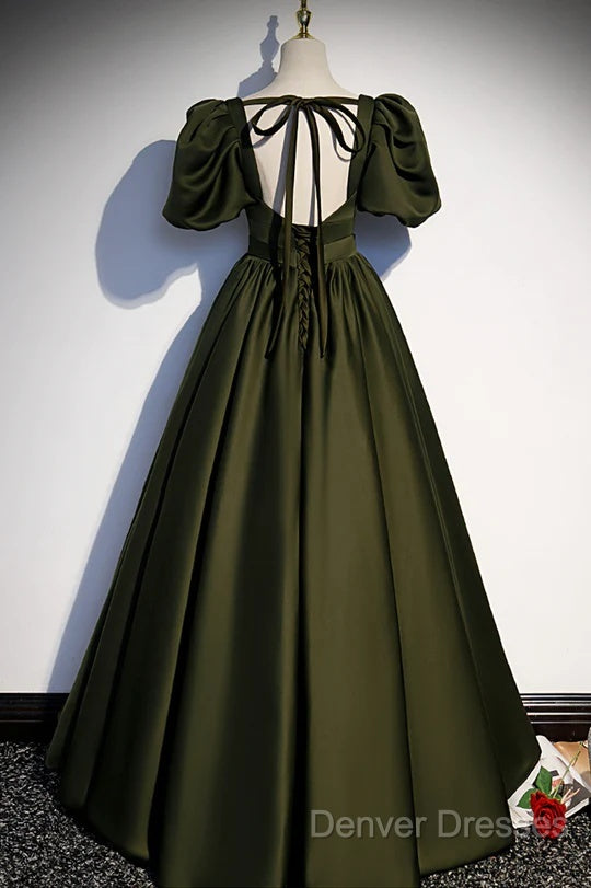Charming Dark Green Puffy Sleeves Long Evening Gown, Satin Floor Length Prom Dress