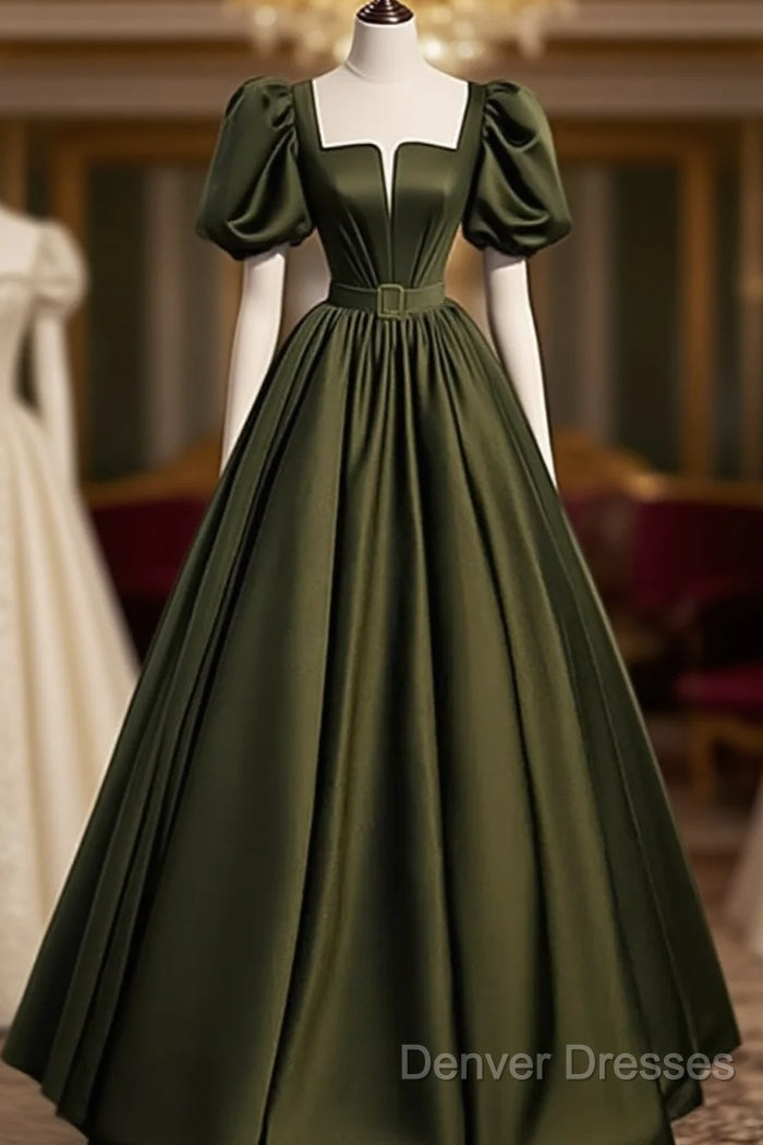Charming Dark Green Puffy Sleeves Long Evening Gown, Satin Floor Length Prom Dress Main image