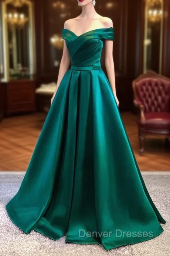 Charming Dark Green Satin Long Junior Prom Dress, Off Shoulder Evening Gown Secondary image
