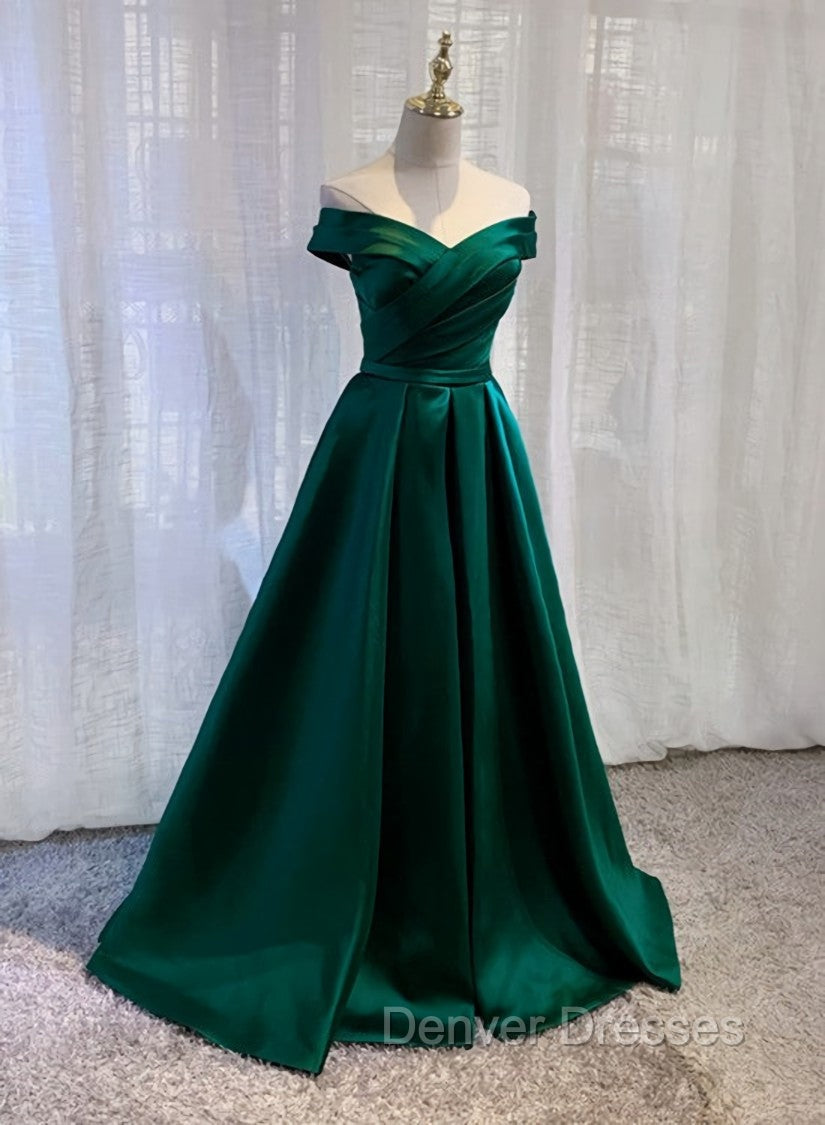 Charming Dark Green Satin Long Junior Prom Dress, Off Shoulder Evening Gown Main image