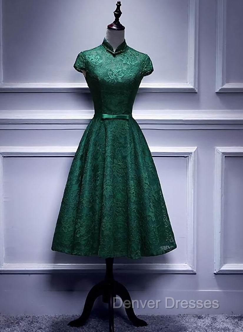 Charming Dark Green Tea Length High Neckline Party Dress, Wedding Party Dress Main image