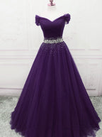Charming Dark Purple Tulle Long Off The Shoulder Party Dress, Long Prom Dress