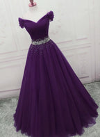 Charming Dark Purple Tulle Long Off The Shoulder Party Dress, Long Prom Dress