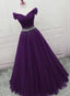 Charming Dark Purple Tulle Long Off The Shoulder Party Dress, Long Prom Dress