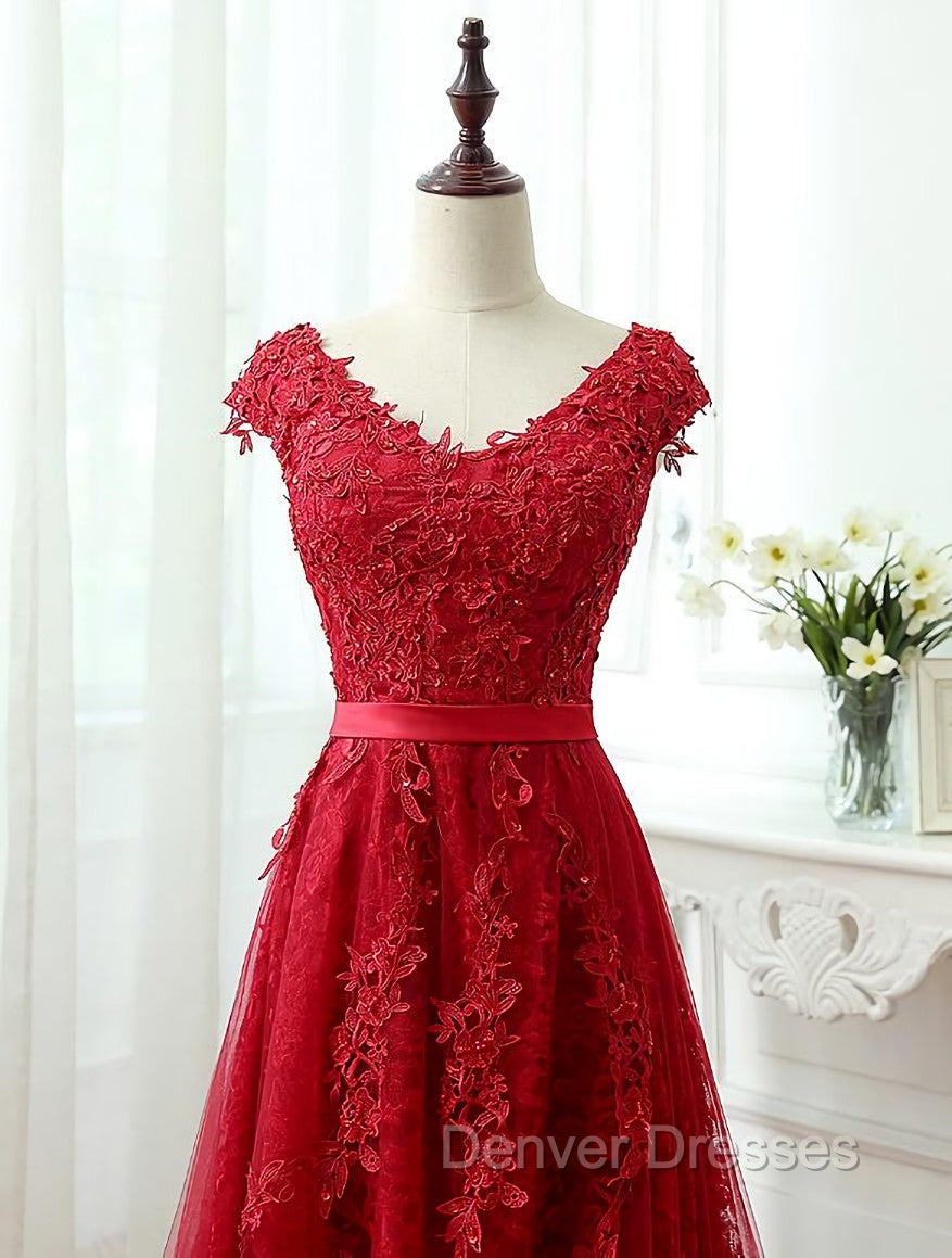 Charming Dark Red Lace A-line Long Prom Dress, Red Evening Gown