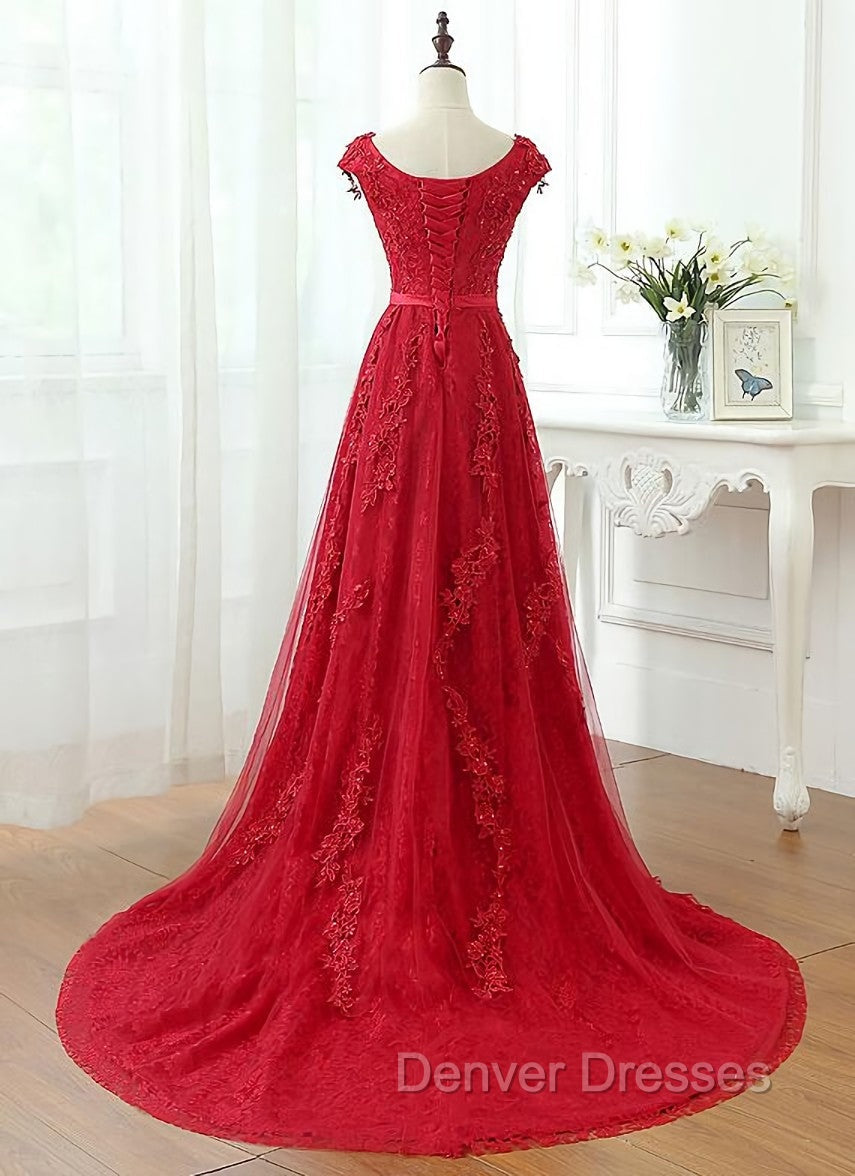 Charming Dark Red Lace A-line Long Prom Dress, Red Evening Gown