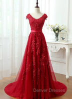 Charming Dark Red Lace A-line Long Prom Dress, Red Evening Gown