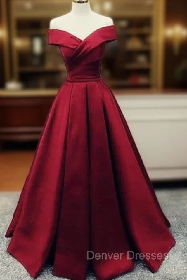 Charming Dark Red Satin A-line Off Shoulder Gown, Prom Dress Main image