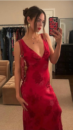 Charming Deep V Neck Satin Print Floral Long Evening Gown Prom Dress