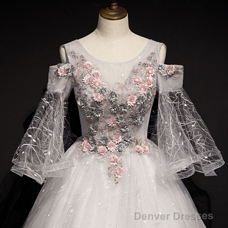 Charming Floral And Lace Ball Gown Sweet 16 Dress, Light Grey Party Dress