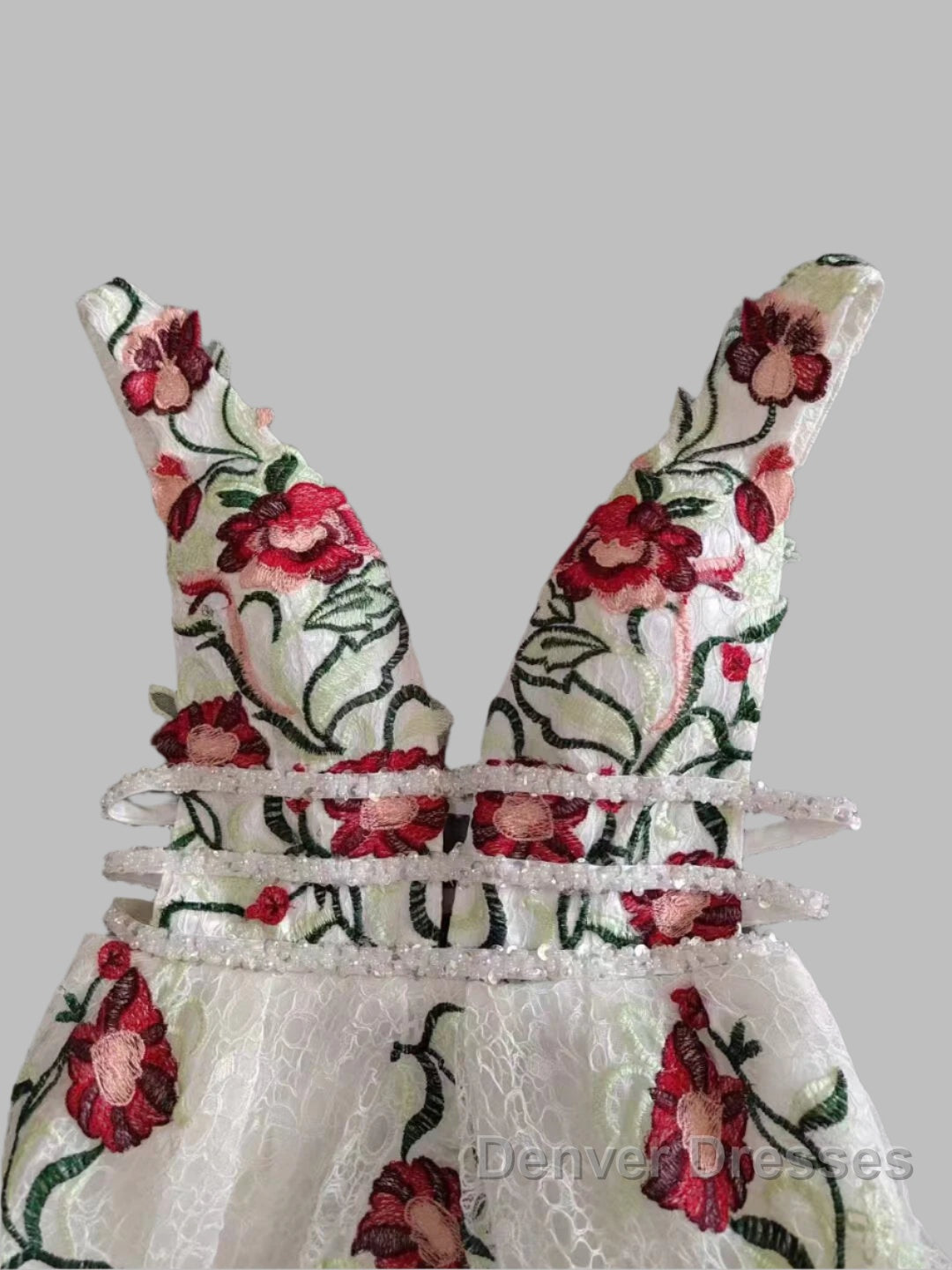 Charming Floral Embroidery Long Prom Dress V Neck A Line Party Dress