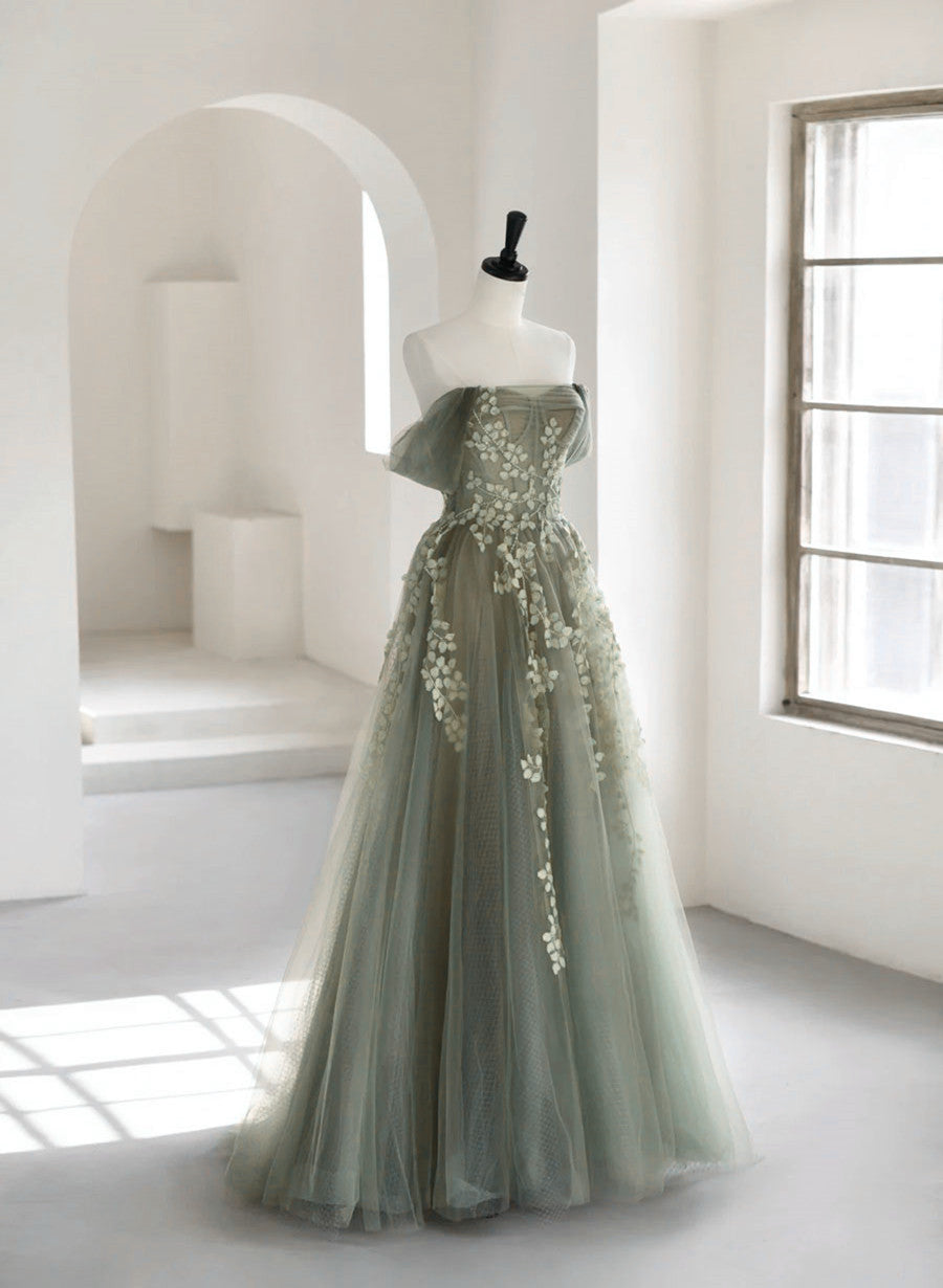 Charming Green Tulle Off Shoulder Party Dress, Green Long A-Line Formal Dress Main image